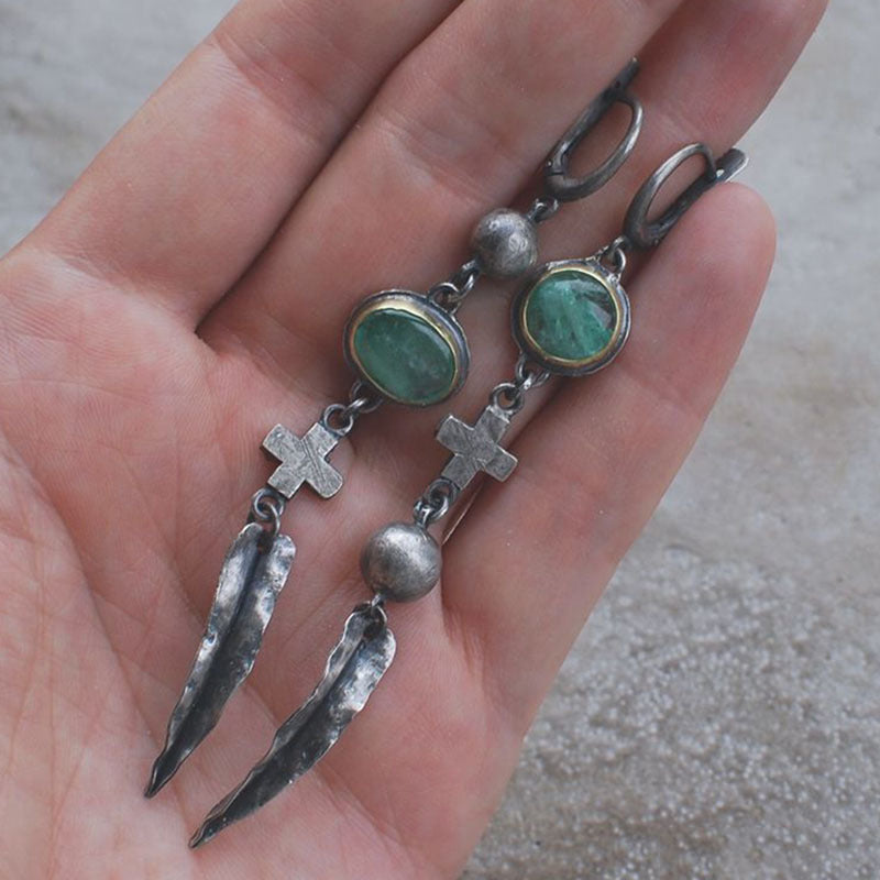 Wholesale Green Stone Cross Feather Metal Pendant Tassel Vintage Earrings